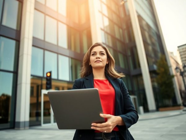 Femeie zâmbind cu laptop în fața unei clădiri de birouri moderne.